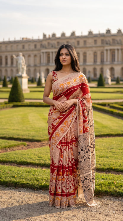 Printed Kalamkari Silk Saree - Red & Yellow
