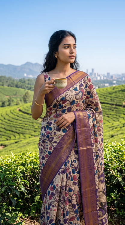Kanchi Border Kalamkari Silk Saree - Beige with Purple