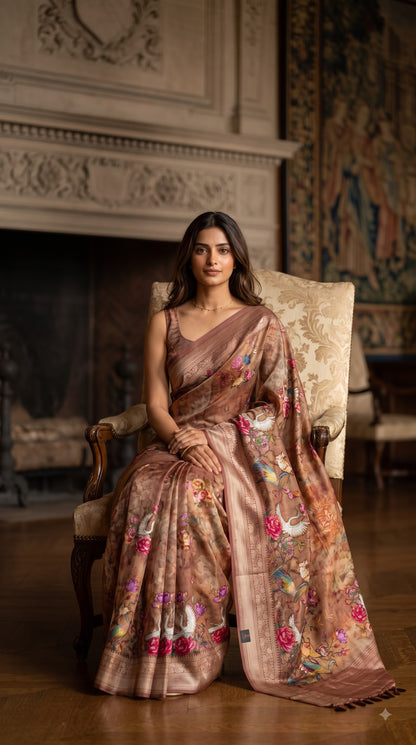 Pure Silk Saree with Digital Print & French Knot Kantha-Stitched - Mauve