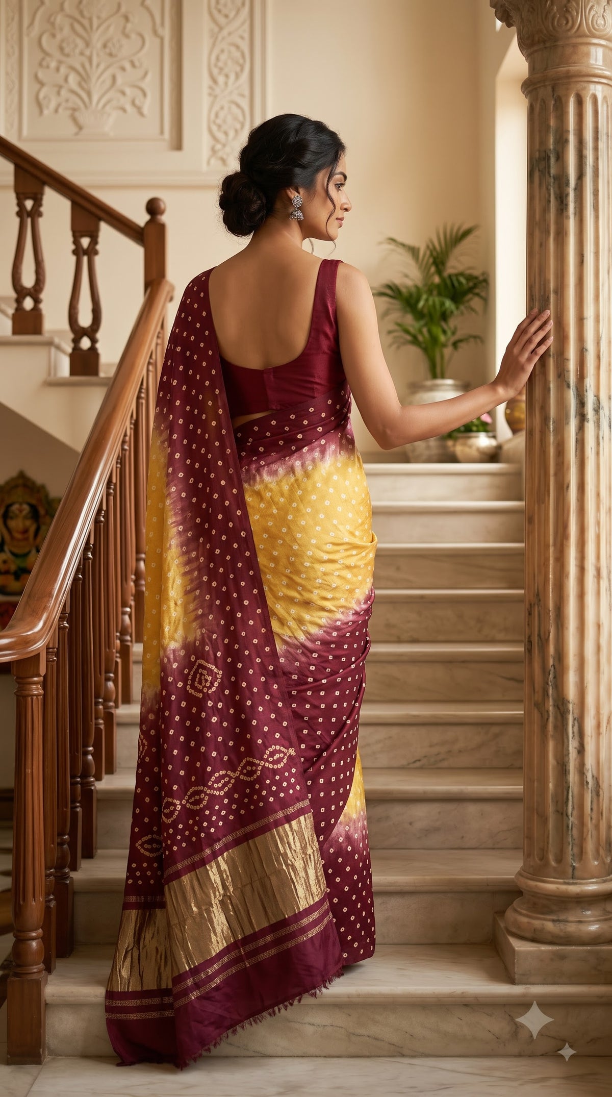 Modal Silk with Dual Shade Bandhani with Lagdi Patta - Beige/Maroon