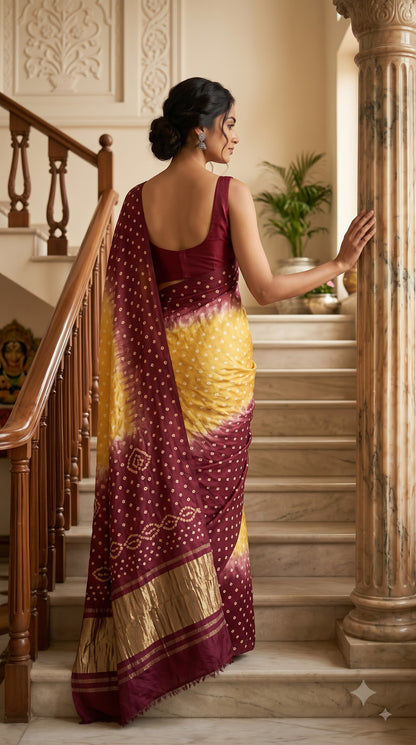 Modal Silk with Dual Shade Bandhani with Lagdi Patta - Beige/Maroon