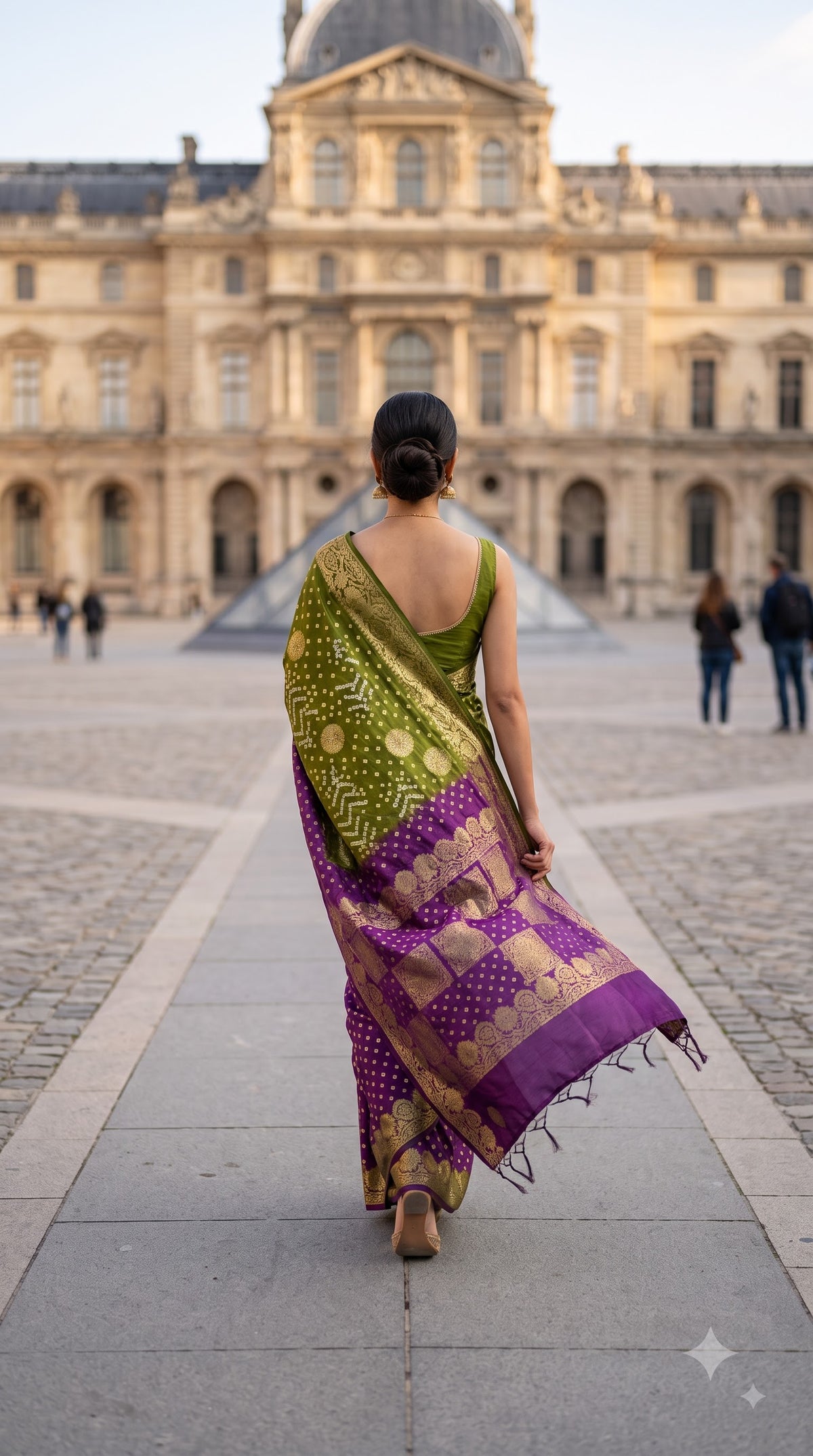Art Silk with Bandhani - Green & Magenta