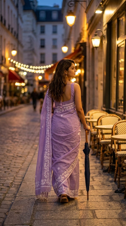 Light Purple Cotton Saree with Applique Border