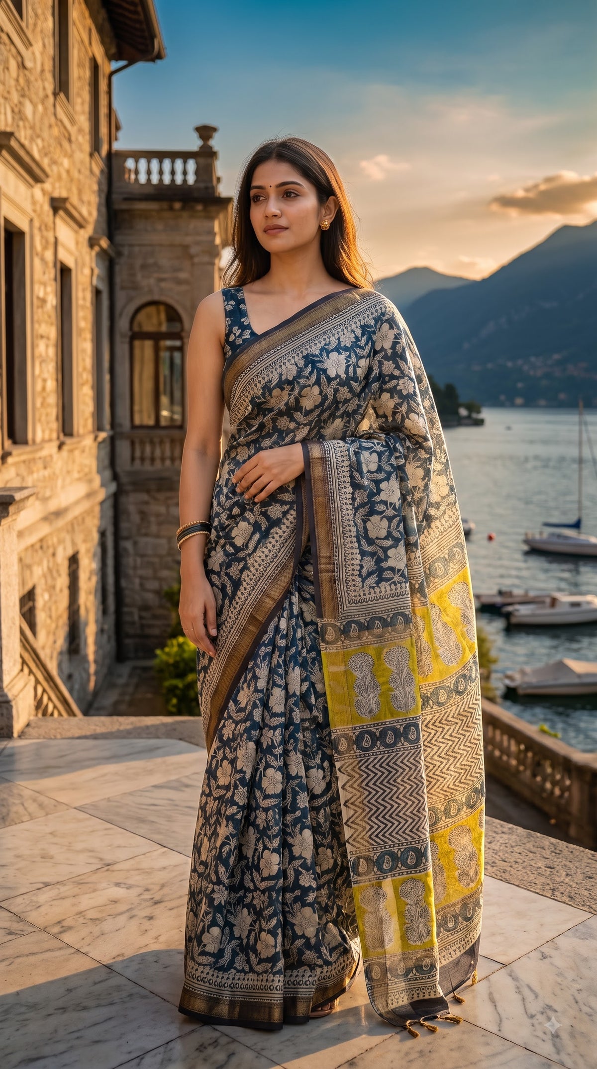 Maheshwari Silk Saree with Sanganery Print - Green