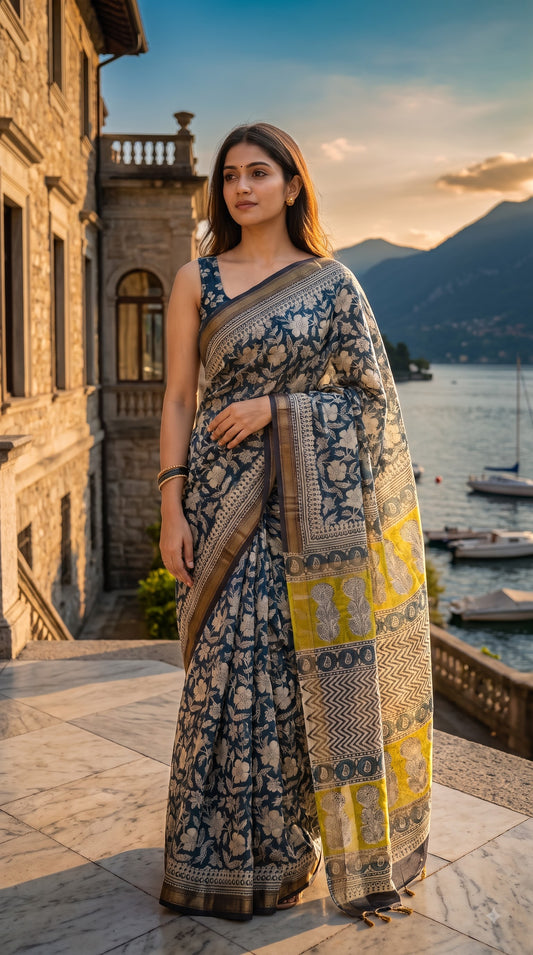 Maheshwari Silk Saree with Sanganery Print - Green
