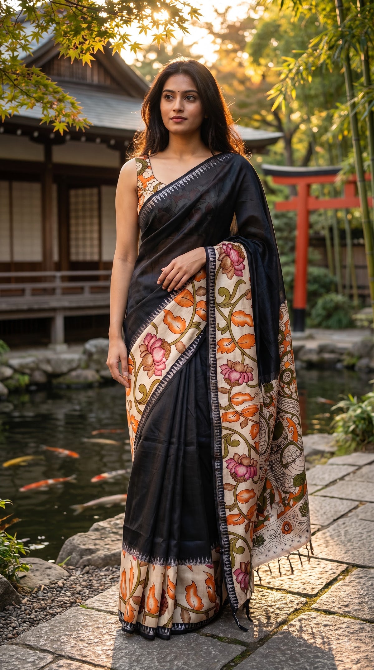 Plain Silk Saree with Kalamkari Gap Border - Black with Orange
