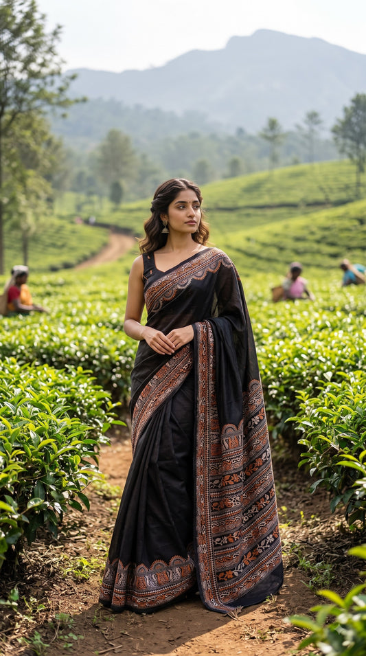 Pure Art Malai Silk Saree with Kantha-Stitched - Black