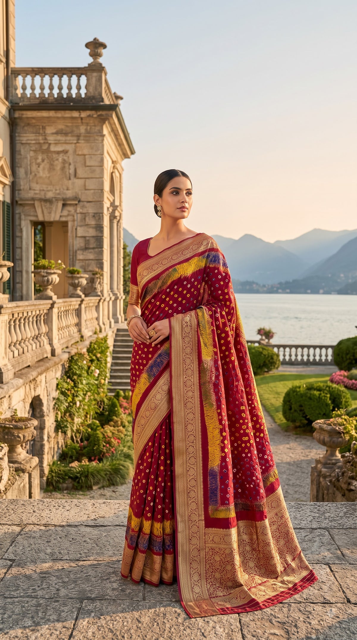 Art Silk Bandhani with Shibori & Zari Border - Maroon