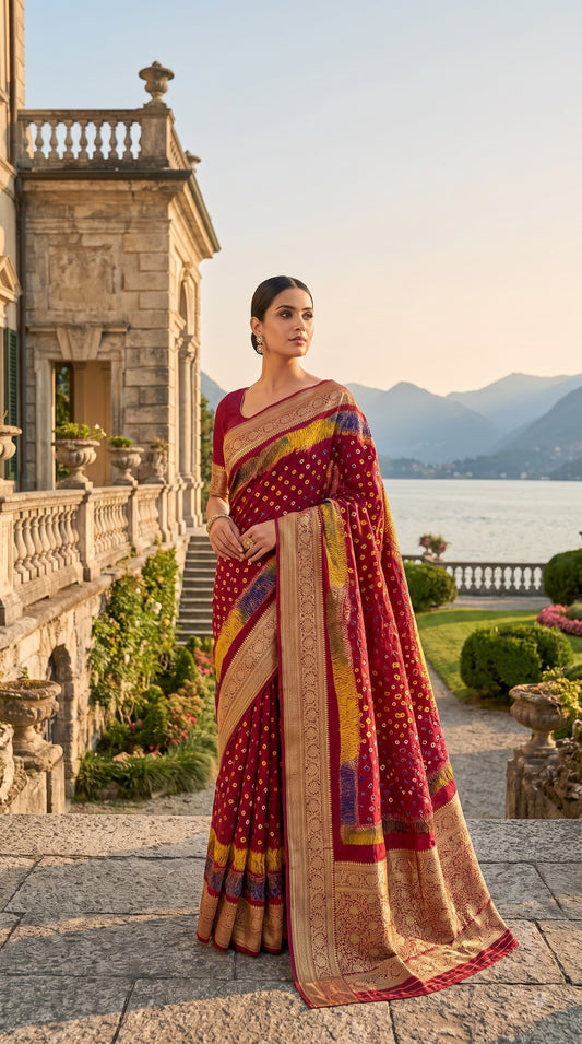 Art Silk Bandhani with Shibori & Zari Border - Maroon