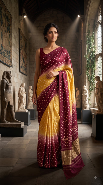 Modal Silk with Dual Shade Bandhani with Lagdi Patta - Beige/Maroon