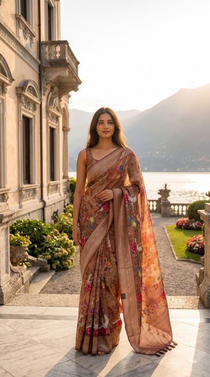 Pure Silk Saree with Digital Print & French Knot Kantha-Stitched - Mauve