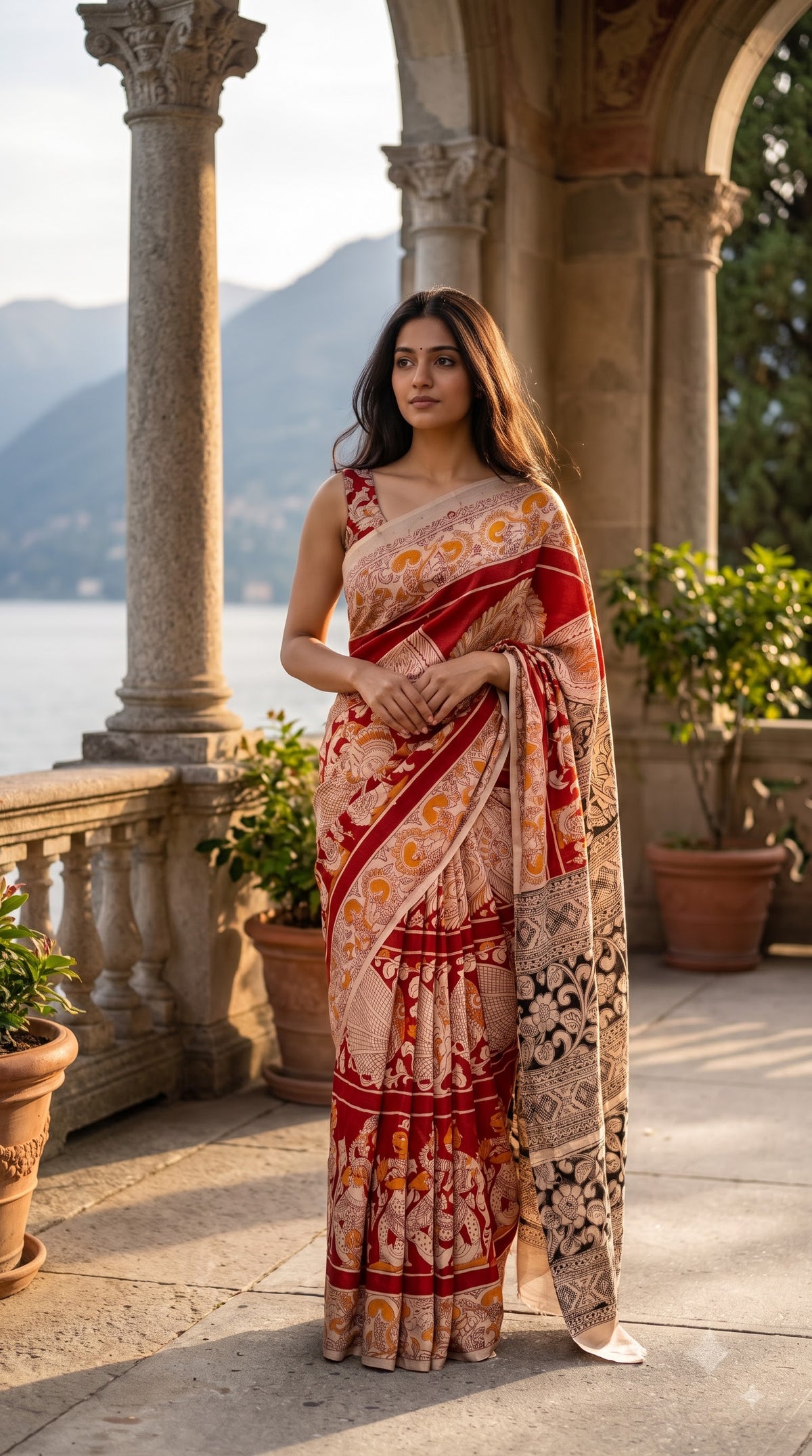 Printed Kalamkari Silk Saree - Red & Yellow