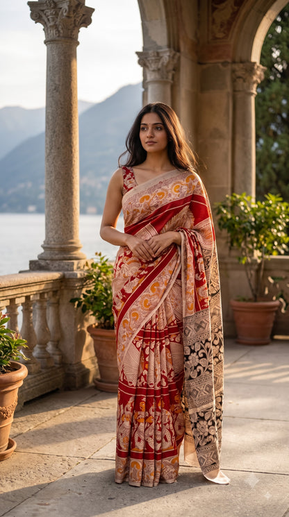 Printed Kalamkari Silk Saree - Red & Yellow