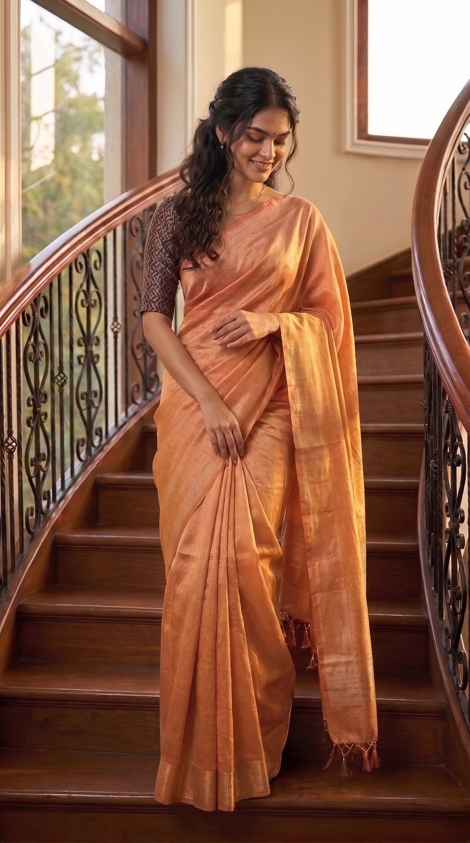A full-length portrait of a smiling woman descending an indoor wooden staircase with decorative iron railings, displaying the structured, high-volume drape of her rose gold tissue cotton saree