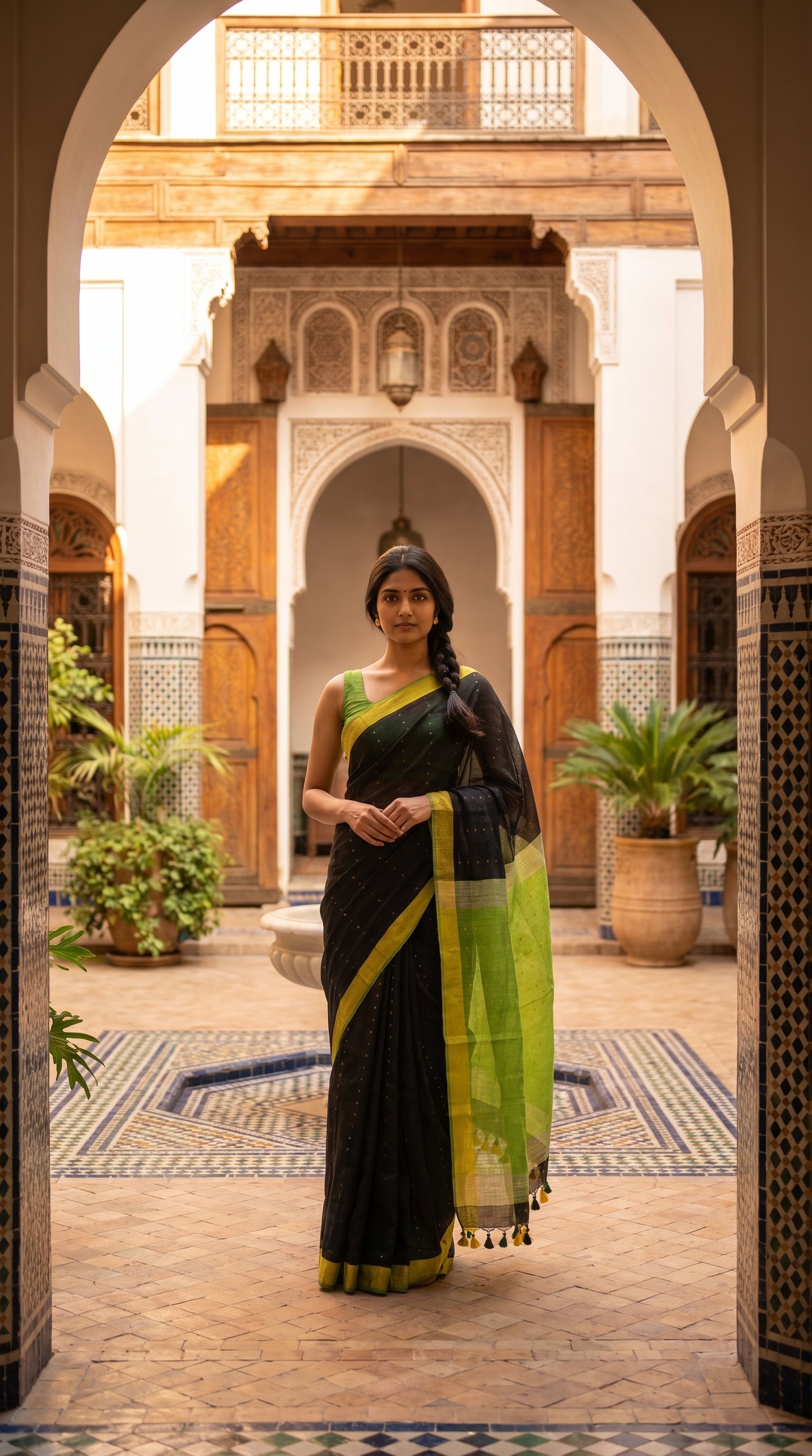 Full-length portrait of a woman standing in a sunny Moroccan riad courtyard framed by a stone archway, beautifully displaying a black sequined linen saree with a lime green organza pallu