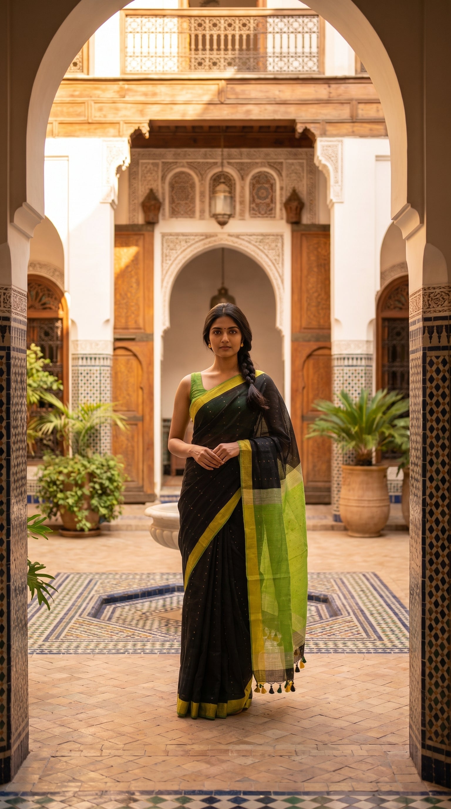 Full-length portrait of a woman standing in a sunny Moroccan riad courtyard framed by a stone archway, beautifully displaying a black sequined linen saree with a lime green organza pallu