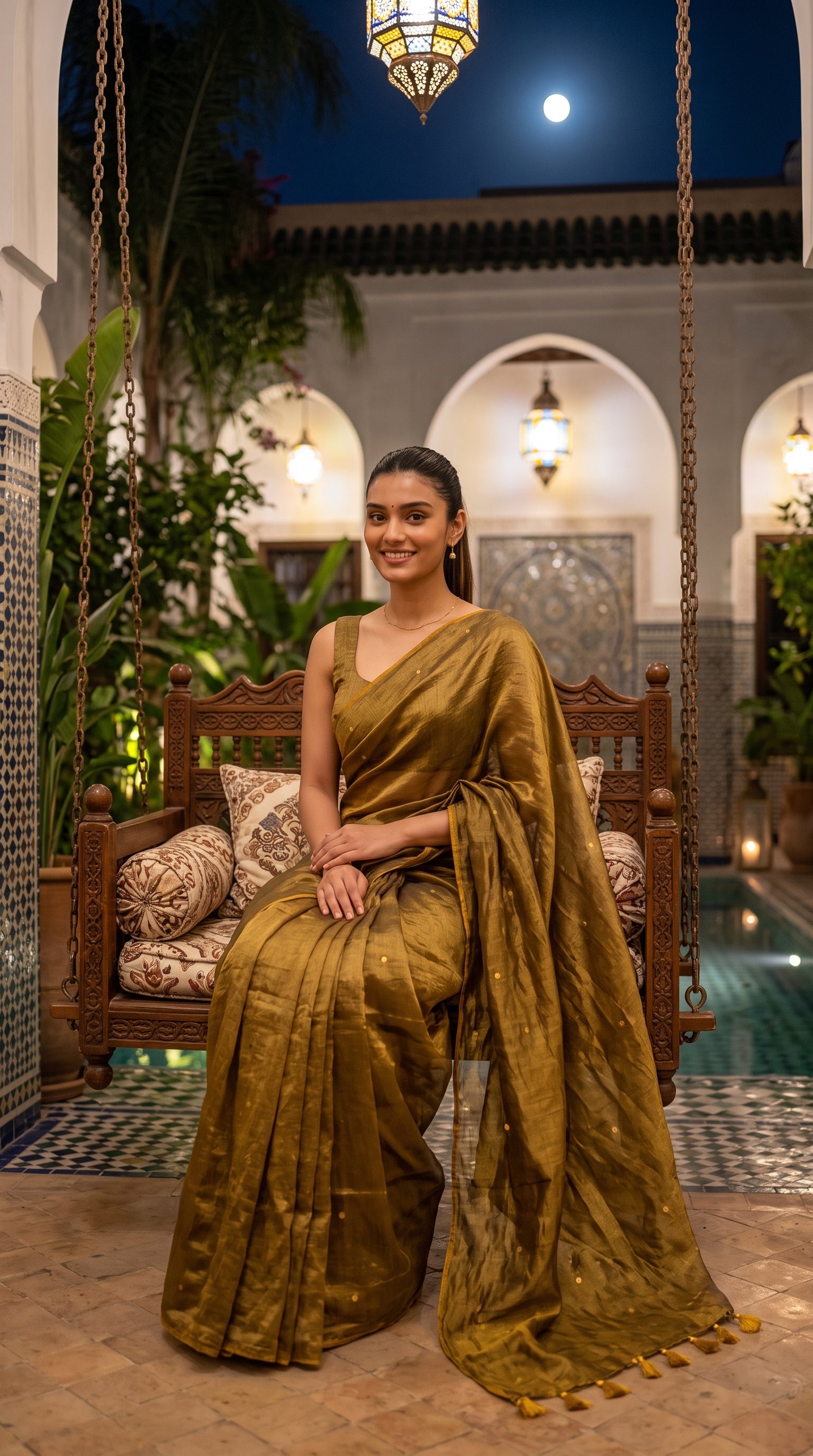 A smiling woman sitting on a wooden courtyard swing in a Moroccan riad under a full moon, showcasing the rich golden-olive sheen and gold star buttas of a tissue saree