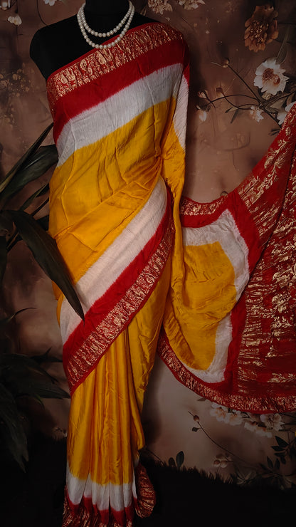Mustard Yellow Modal Silk Saree with Red Zari Pallu – Traditional Indian Saree for Occasions