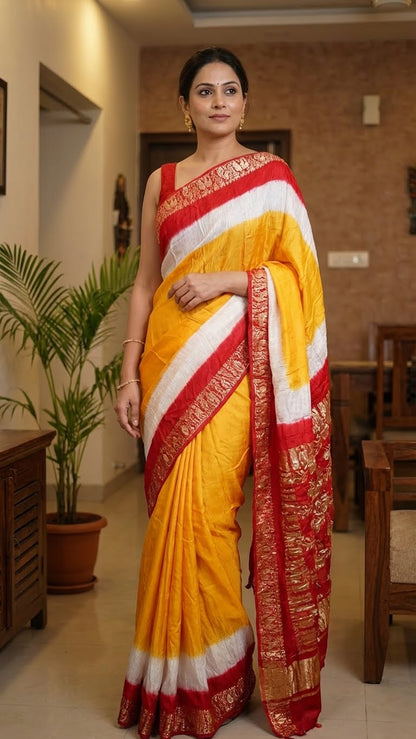 Woman wearing Mustard Yellow Modal Silk Saree with Red Zari Pallu – Traditional Indian Saree for occasions with red and white border indoors.