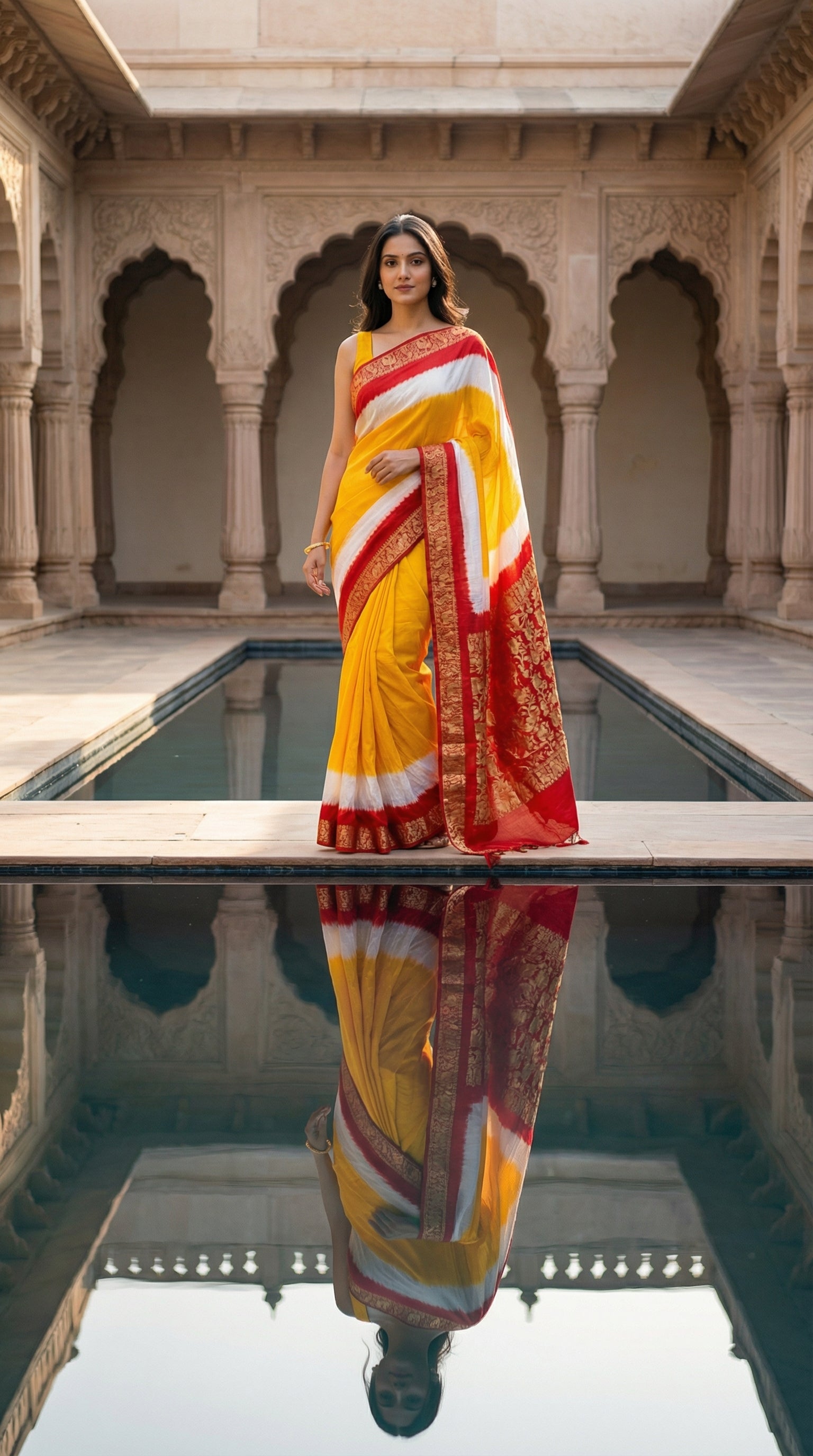 Woman wearing Mustard Yellow Modal Silk Saree with Red Zari Pallu – Traditional Indian Saree, standing by a pool with architectural background.