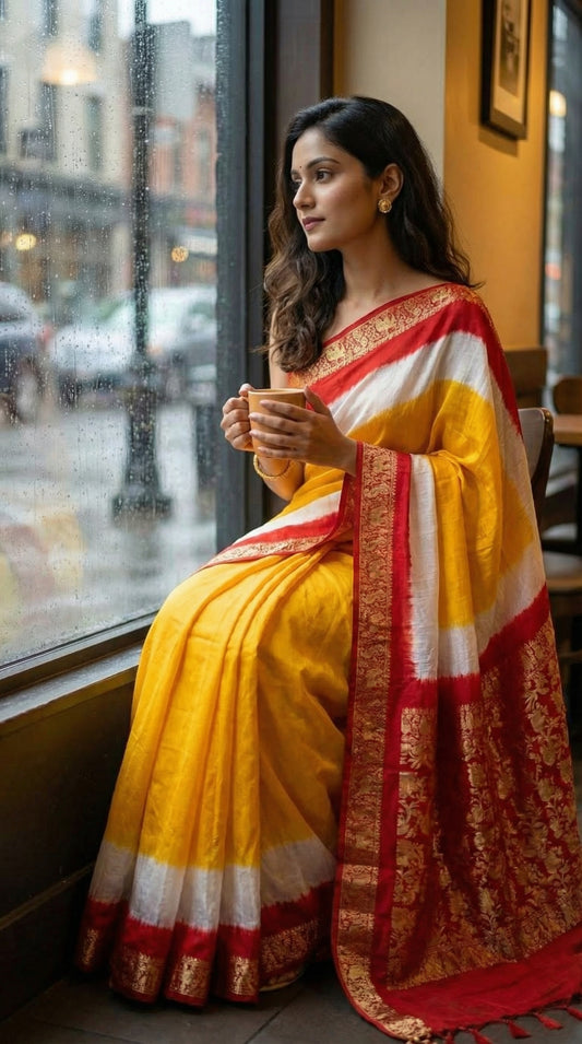 Woman wearing Mustard Yellow Modal Silk Saree with Red Zari Pallu – Traditional Indian Saree, sitting by a window holding a cup.