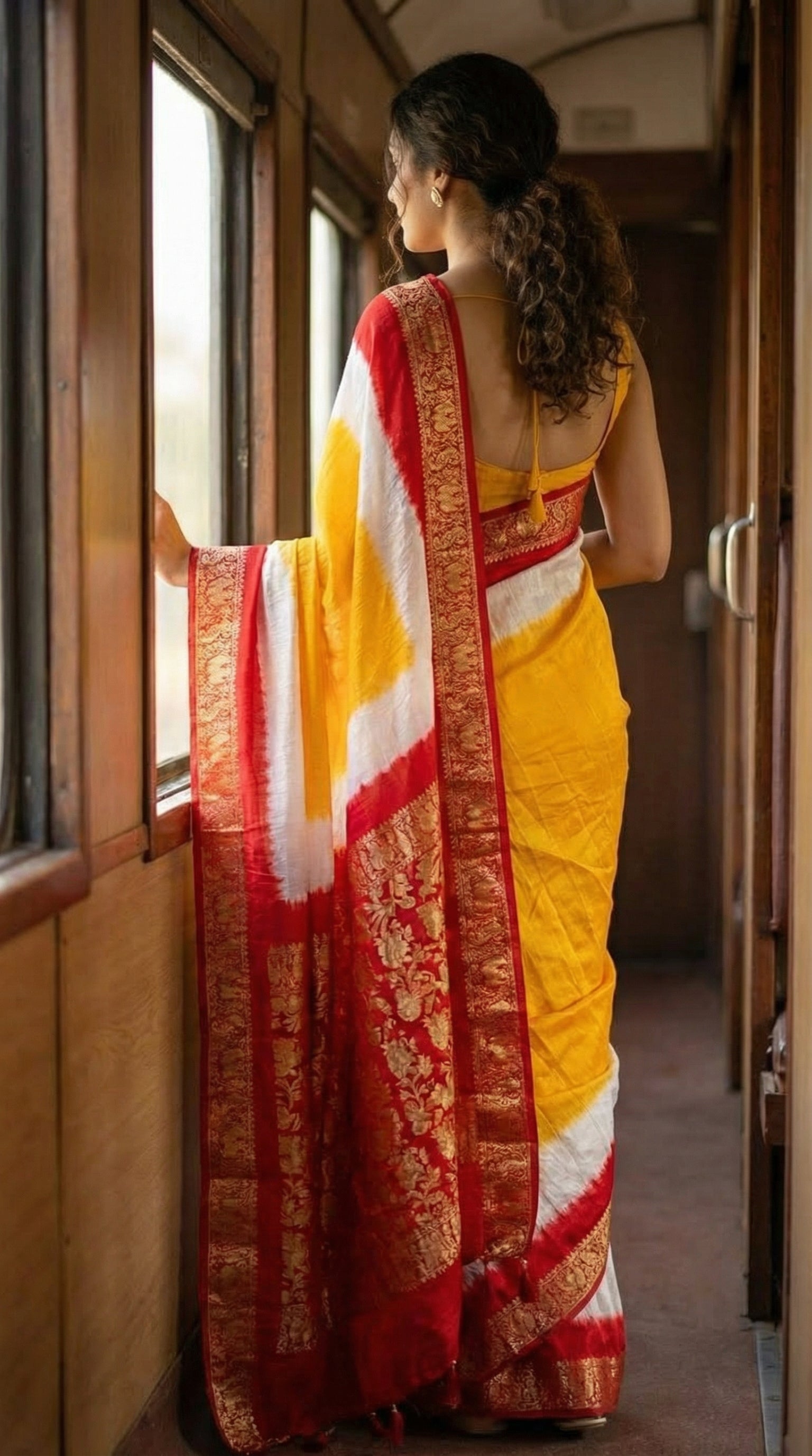 Woman wearing Mustard Yellow Modal Silk Saree with Red Zari Pallu – Traditional Indian Saree, standing by a train window.
