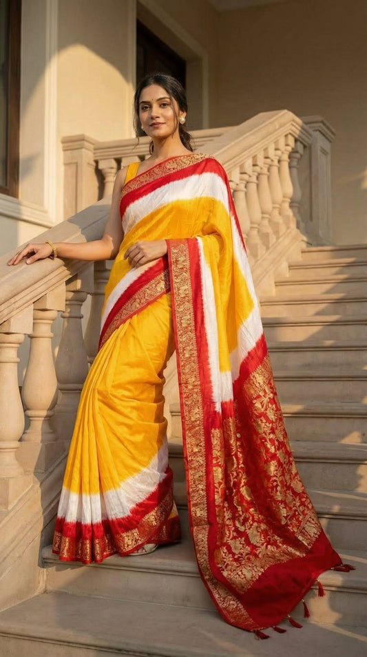 Woman wearing Mustard Yellow Modal Silk Saree with Red Zari Pallu – Traditional Indian Saree, standing on steps.