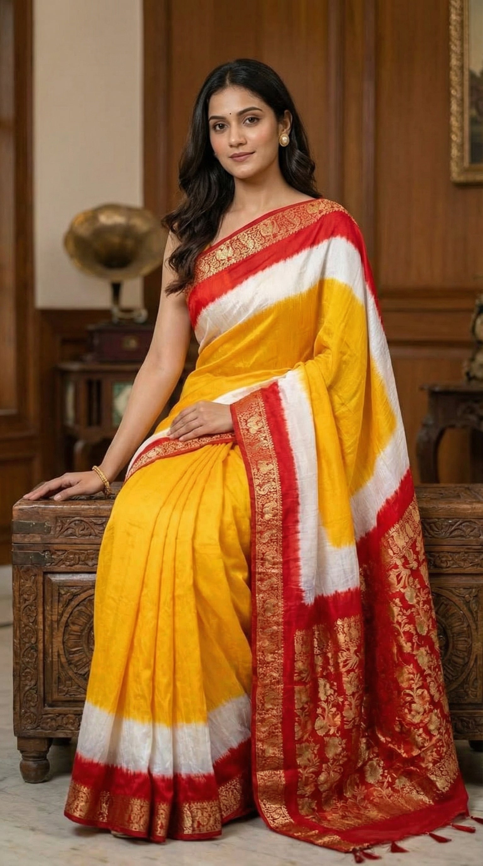 Woman wearing Mustard Yellow Modal Silk Saree with Red Zari Pallu – Traditional Indian Saree, in an indoor setting.
