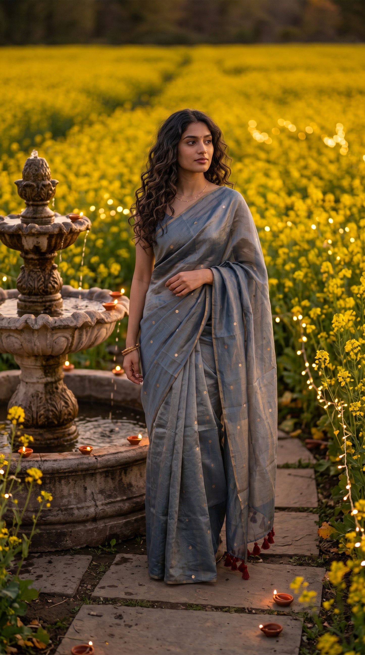 Full-length image of a woman posing next to a stone tier-fountain surrounded by small clay diyas in a blooming yellow mustard field, displaying the fine gold stars on her grey cotton tissue saree