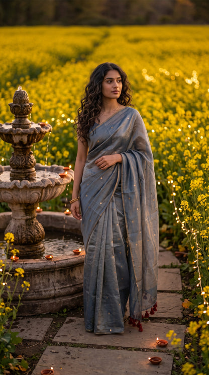 Full-length image of a woman posing next to a stone tier-fountain surrounded by small clay diyas in a blooming yellow mustard field, displaying the fine gold stars on her grey cotton tissue saree