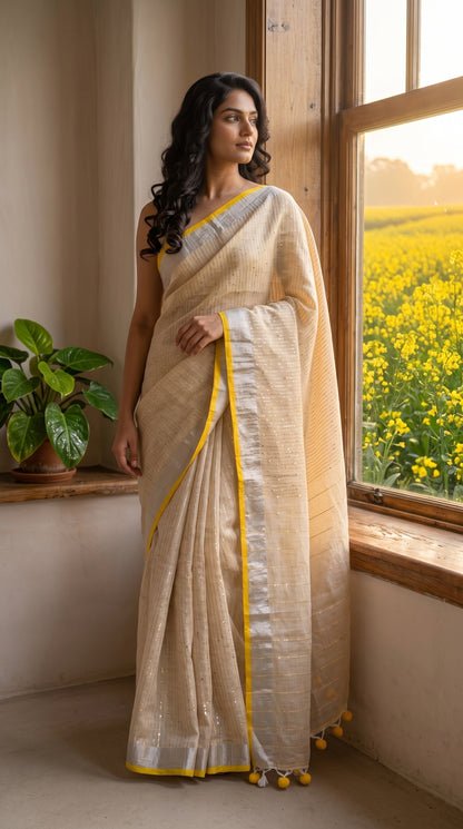 A model looking out a window facing a bright yellow mustard field in the morning, showcasing the elegant vertical stripe patterns of a beige khadi cotton linen saree
