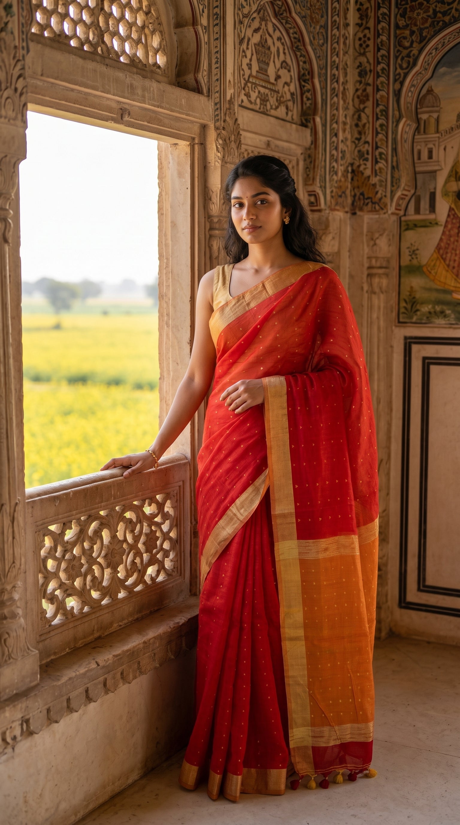 A woman standing by an open stone window frame overlooking a yellow mustard field, displaying the contrasting orange organza pallu of her red linen saree