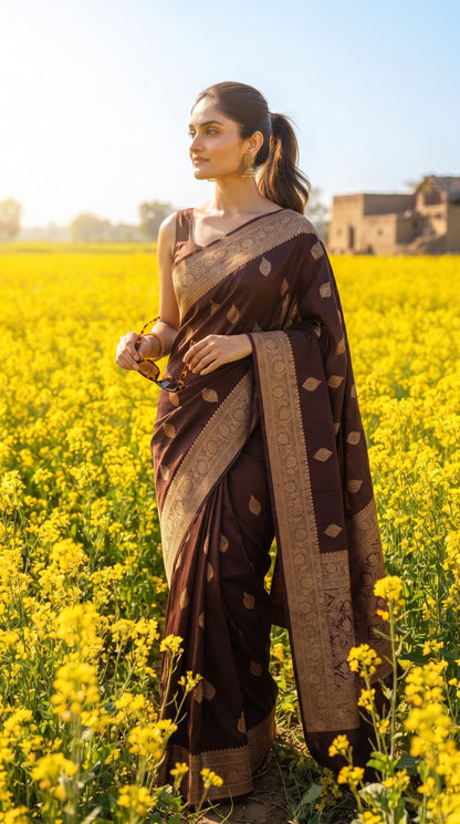 A front portrait of a woman standing in a vibrant yellow mustard field on a sunny morning, holding sunglasses and displaying her dark coffee brown pure silk saree with detailed gold zari trim