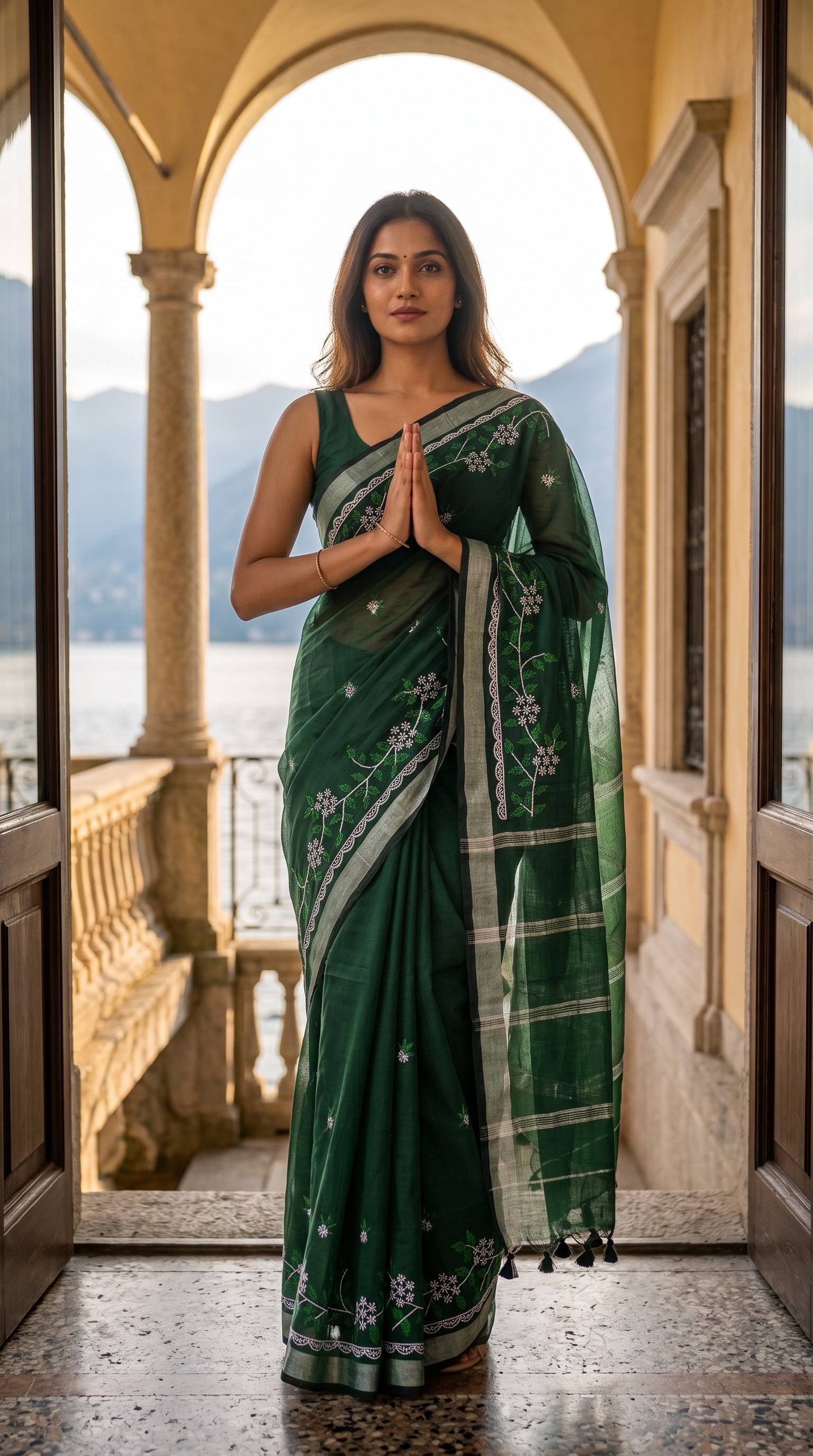 A model standing in a namaste pose in an arched doorway overlooking a lake and mountains, displaying the neat front profile and embroidery of a dark green linen blend saree