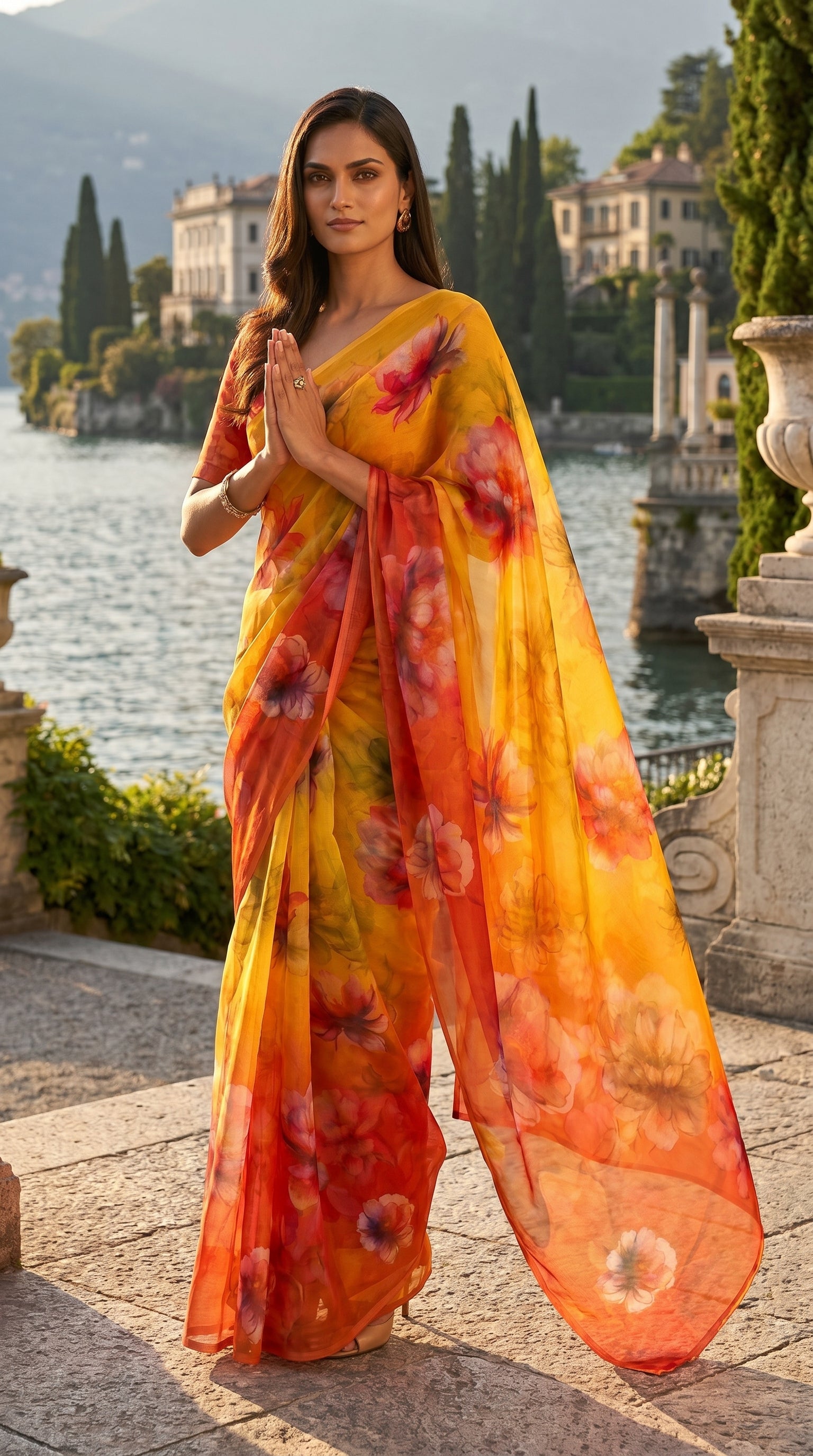 A woman standing by a beautiful lakeside, greeting with a traditional Namaste gesture while wearing a flowing marigold yellow printed chiffon saree
