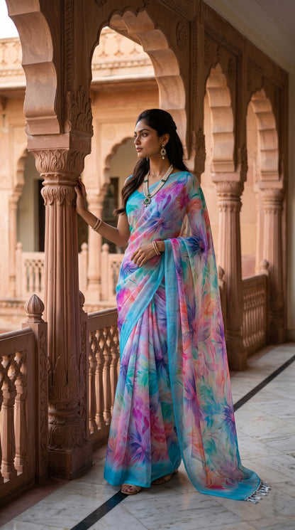 Full-length image of a woman leaning against an ornate sandstone balcony rail, showcasing the vibrant pastel floral print and fluid, airy drape of her sky blue saree