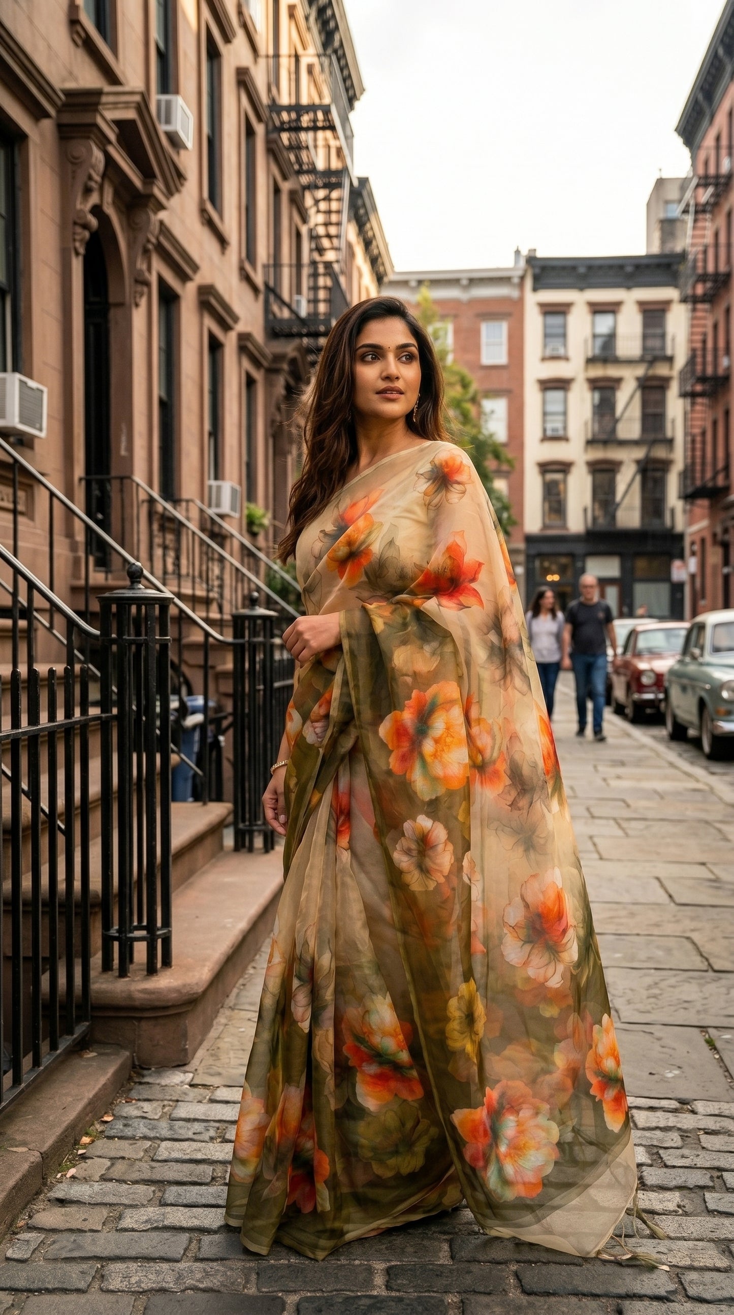 Model walking down a historic city street, displaying the fluid drape and autumn orange peony prints of an olive green chiffon saree
