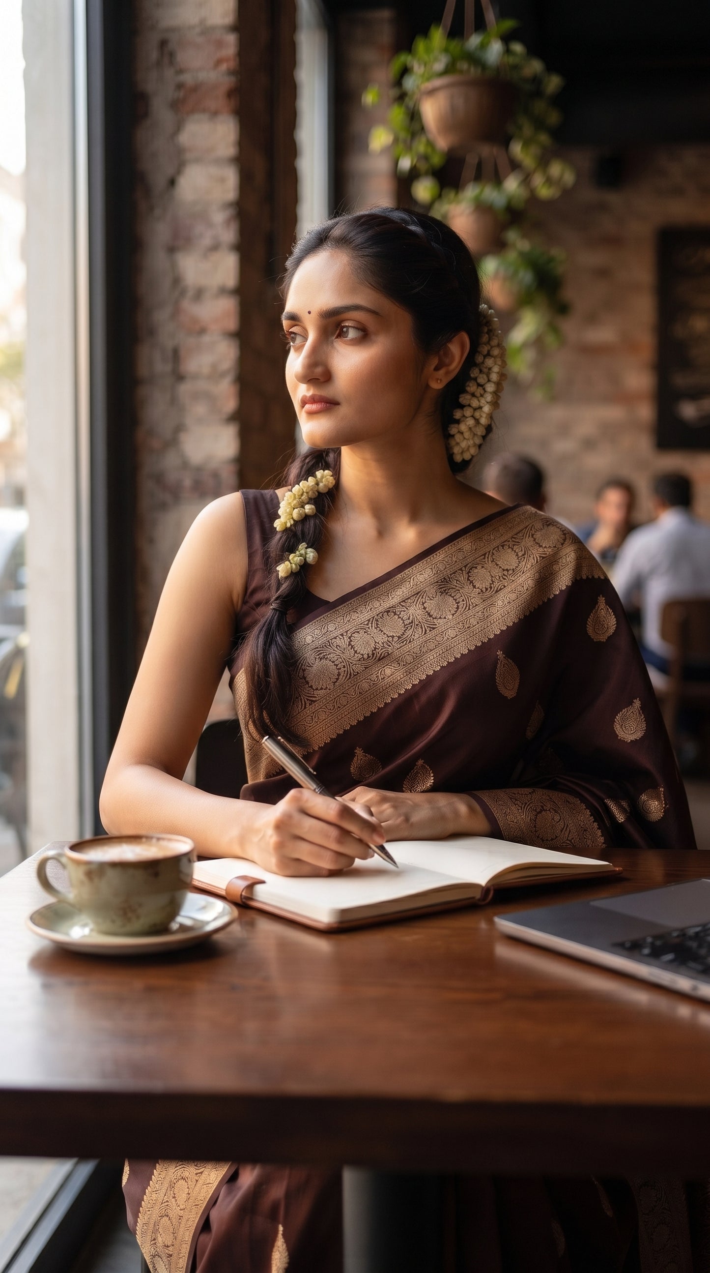 A candid shot of a woman with a gajra braid sitting at a wooden café table near a window, writing in a notebook next to a cup of tea, highlighting her draped dark coffee brown Mashru silk saree