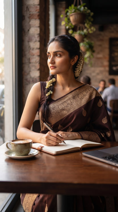 A candid shot of a woman with a gajra braid sitting at a wooden café table near a window, writing in a notebook next to a cup of tea, highlighting her draped dark coffee brown Mashru silk saree