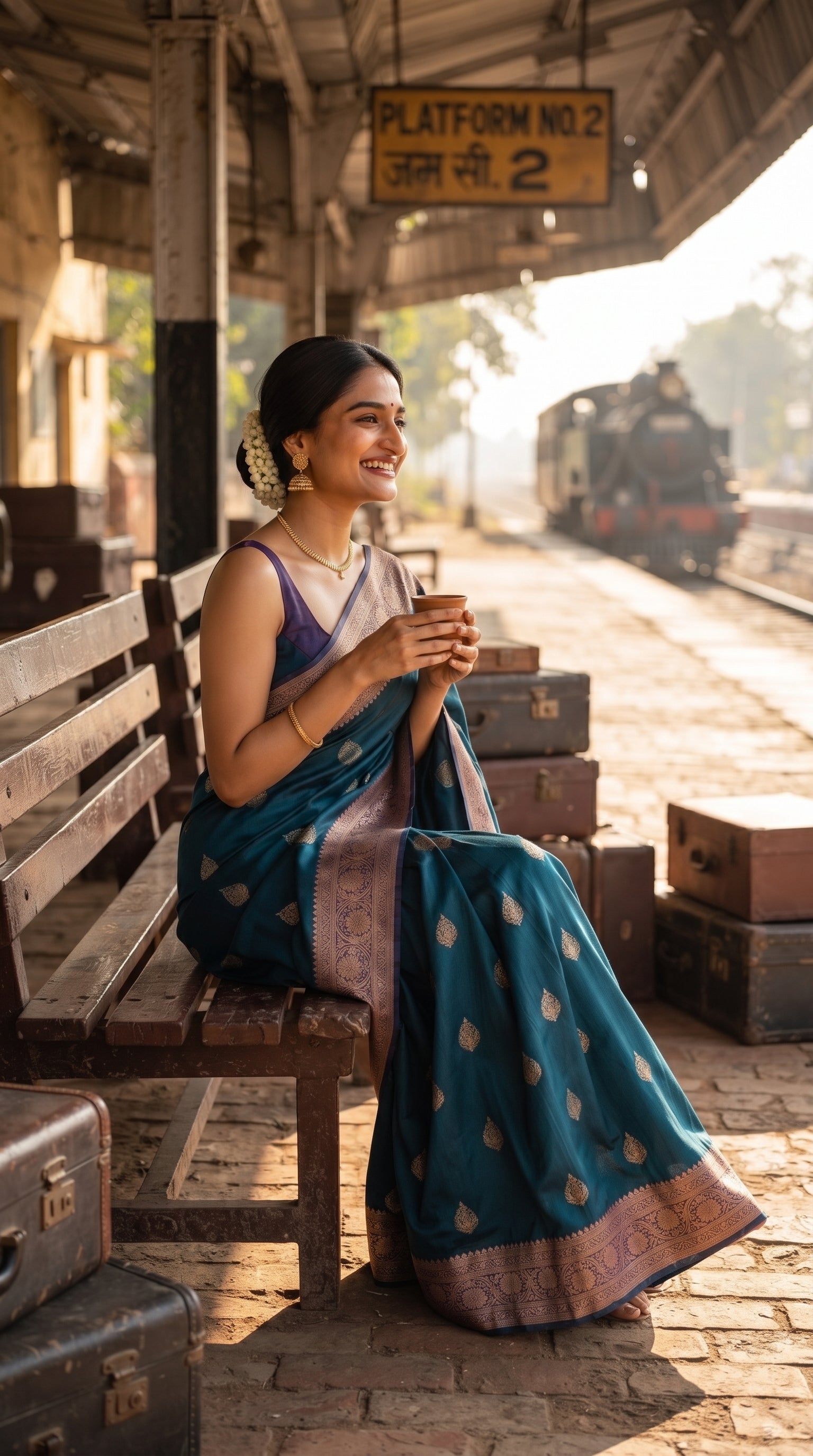 A candid shot of a smiling woman sitting on a wooden bench at an old railway platform holding a clay cup of tea, beautifully displaying the lustrous texture and gold zari border of her teal Mashru silk saree