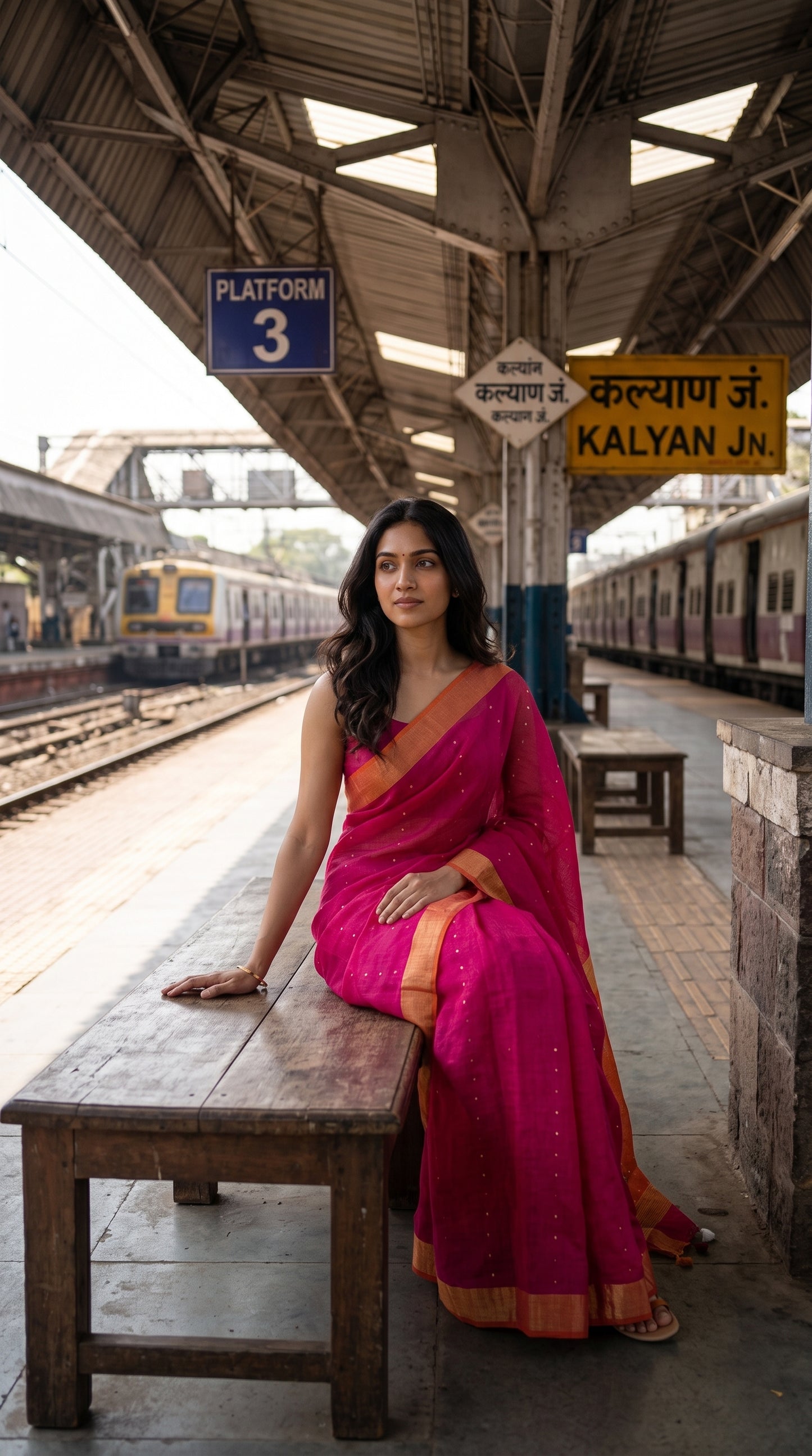 A portrait of a woman sitting on a wooden bench at Kalyan Junction railway platform, displaying the rich gold borders and tidy pleats of a magenta linen saree