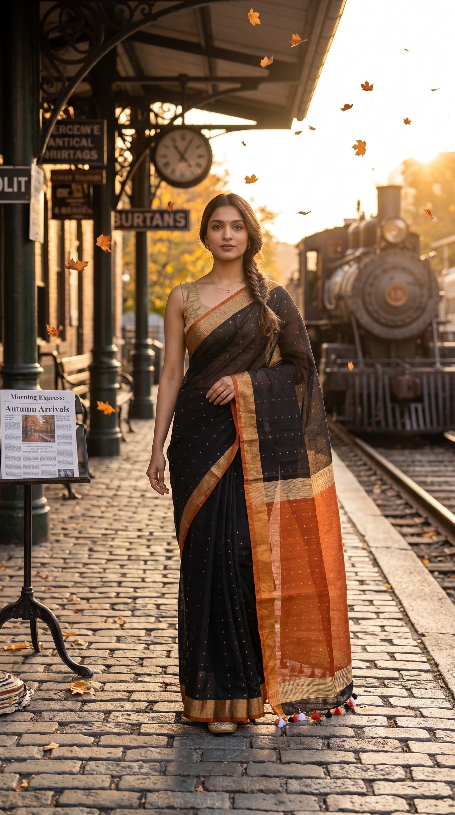 A model walking on a cobblestone railway platform at sunrise with autumn leaves falling, displaying the front profile and golden border of a black linen saree