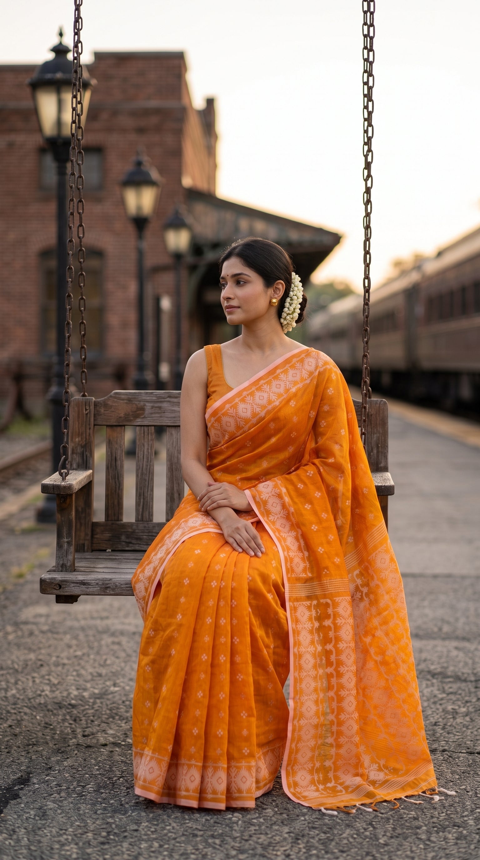 Model seated on a vintage wooden swing at an old brick railway platform, beautifully highlighting the floaty texture and intricate hand-woven pallu of an orange Jamdani saree