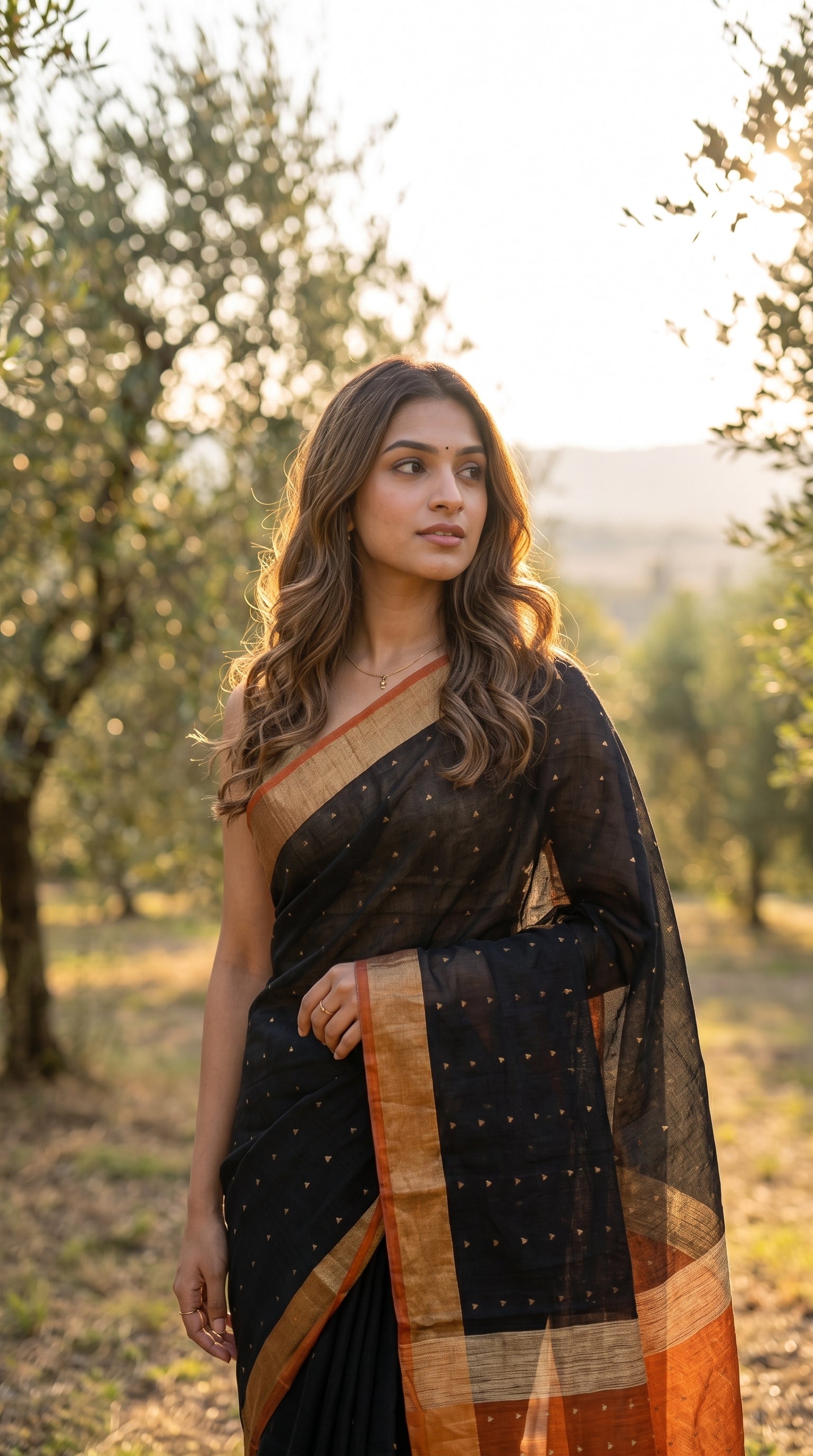 A portrait of a woman standing in a sunlit olive grove during golden hour, showcasing the subtle shimmer of micro-sequins on a black linen weave