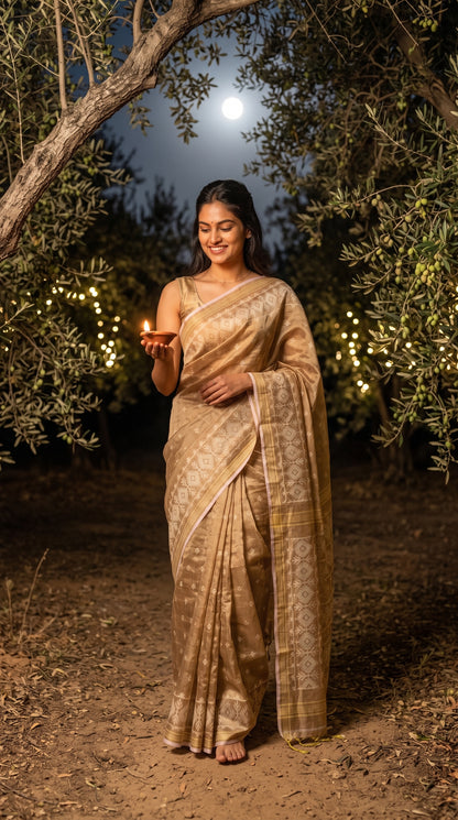 A smiling woman holding a lit clay diya under a full moon in an illuminated olive grove, highlighting the soft sheen and traditional hand-woven panels of a beige cotton tissue saree