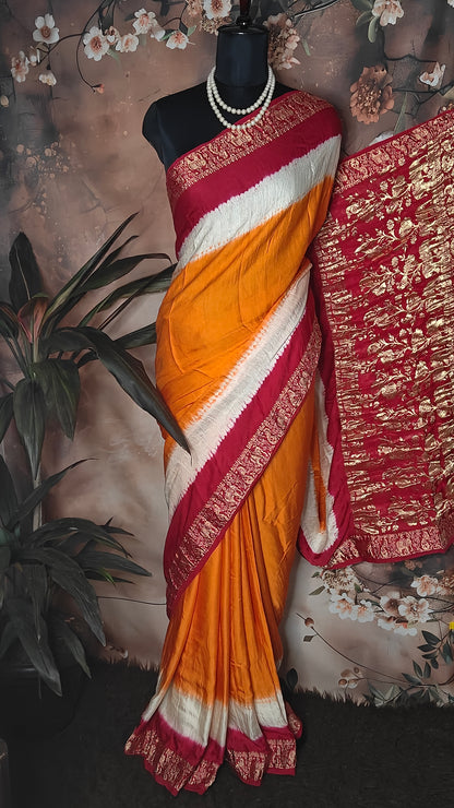 Orange & Magenta Modal Silk Saree with Zari Border – Festive Wear for Weddings & Celebrations