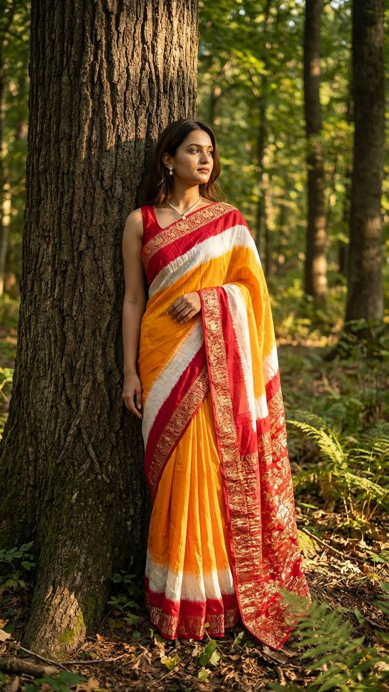 Woman in a orange & magenta modal silk saree with zari border standing next to a tree in a forest.
