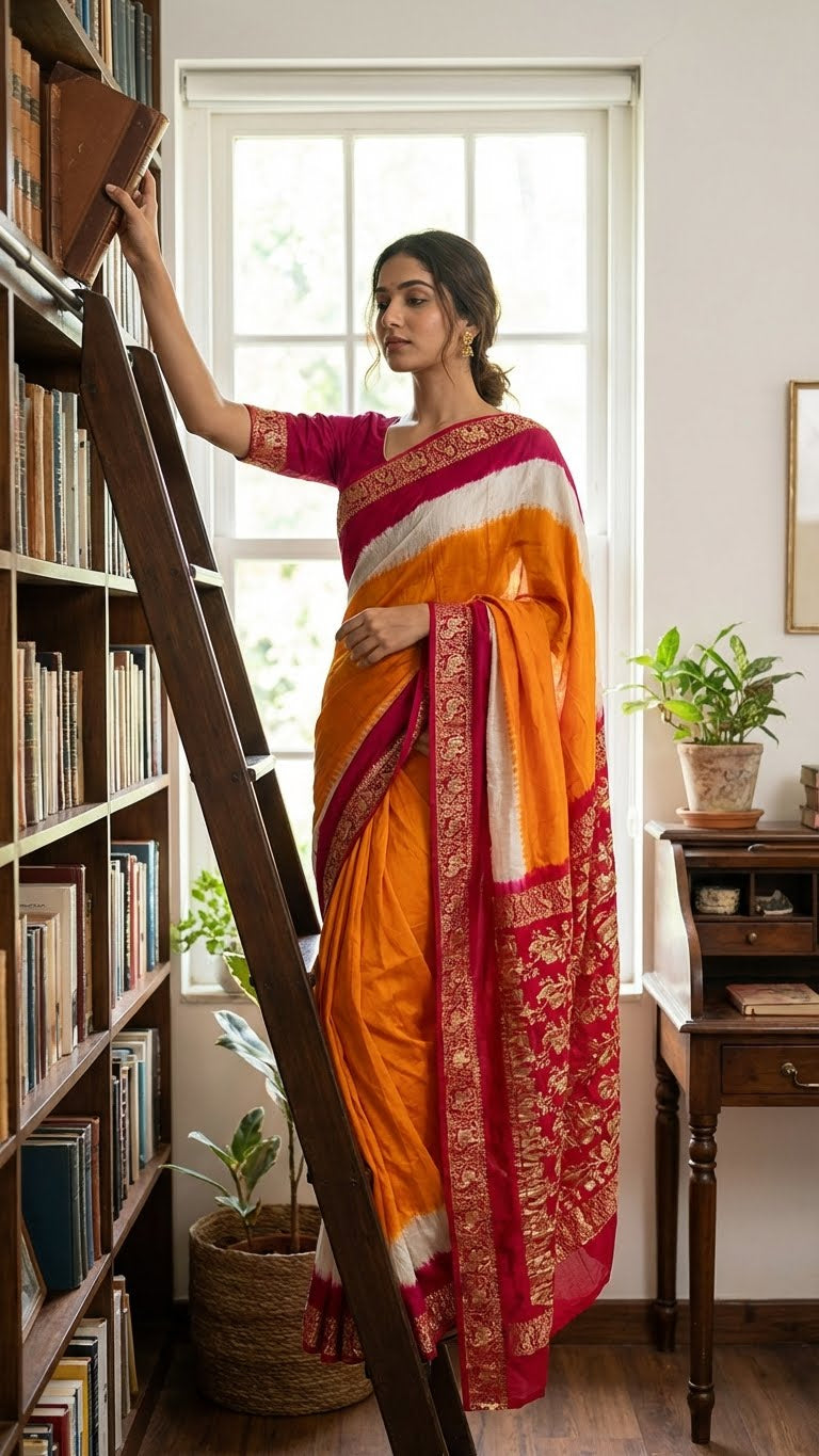 Woman in a orange & magenta modal silk saree with zari border standing next to a bookshelf in a room with plants and a window.