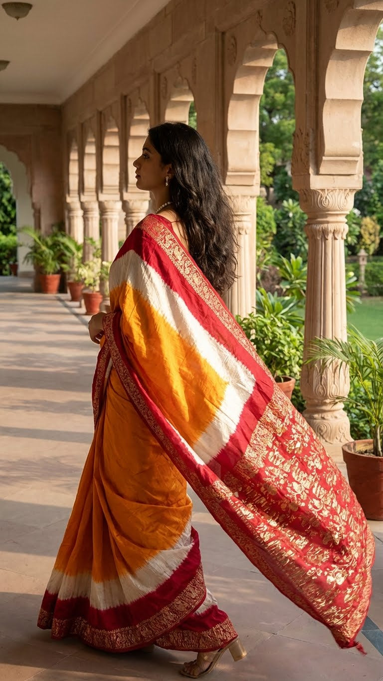 Woman in a orange & magenta modal silk saree with zari border walking in an outdoor setting with architectural columns and plants.