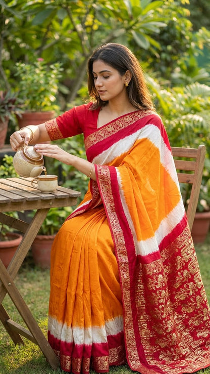 Woman in an orange & magenta modal silk saree with zari border sitting outdoors by a wooden table.